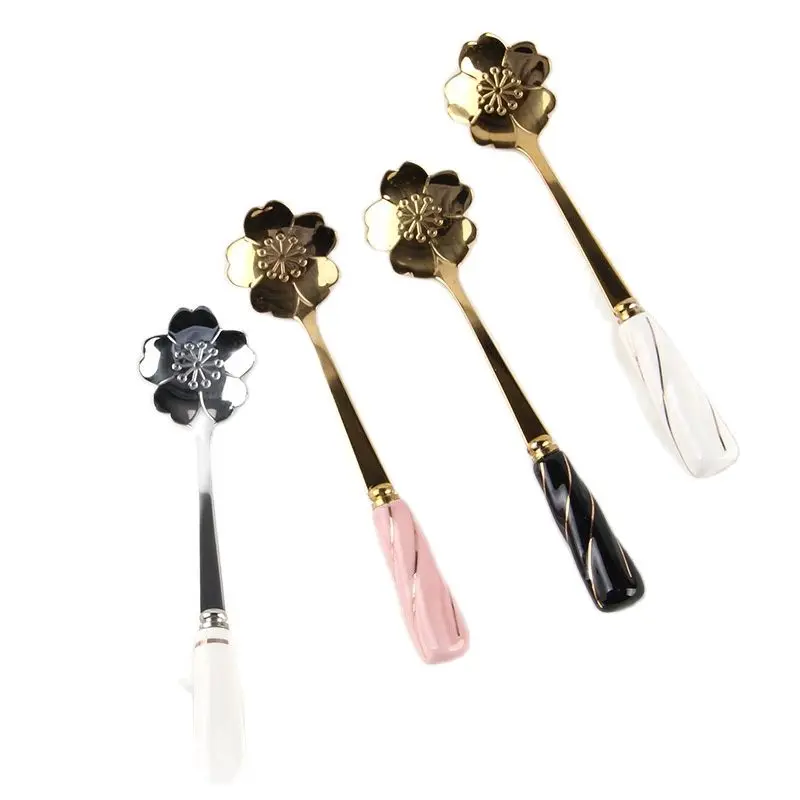 

Tableware Coffee Stirring Spoon Ceramic Handle Flower Scoop Stainless Steel Gold Plated Cherry Rose Spoons Kitchen Tools