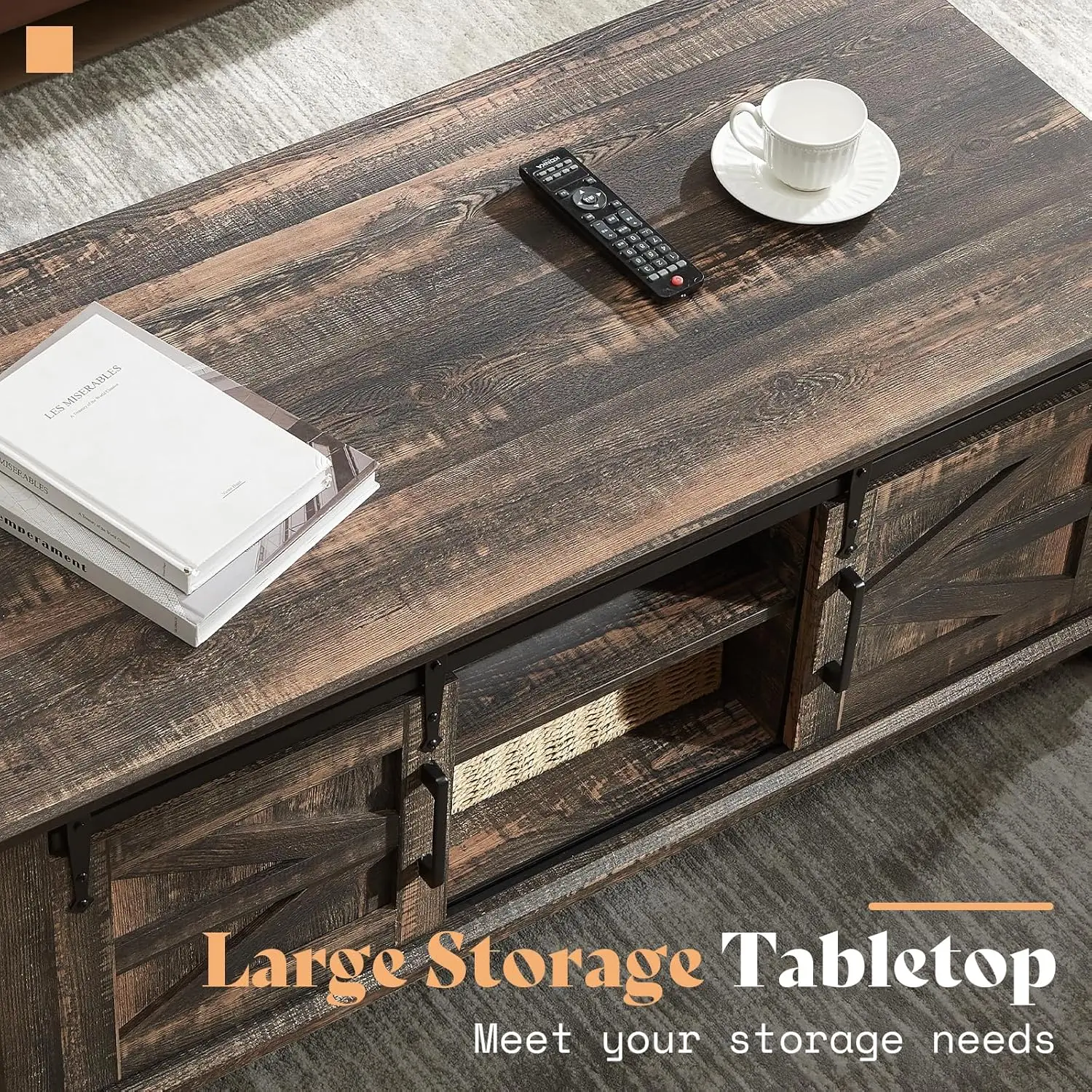 Mesa de centro de granja con puertas corredizas de granero y gabinete de almacenamiento para sala de estar, mesa central moderna de 48", estantes ajustables