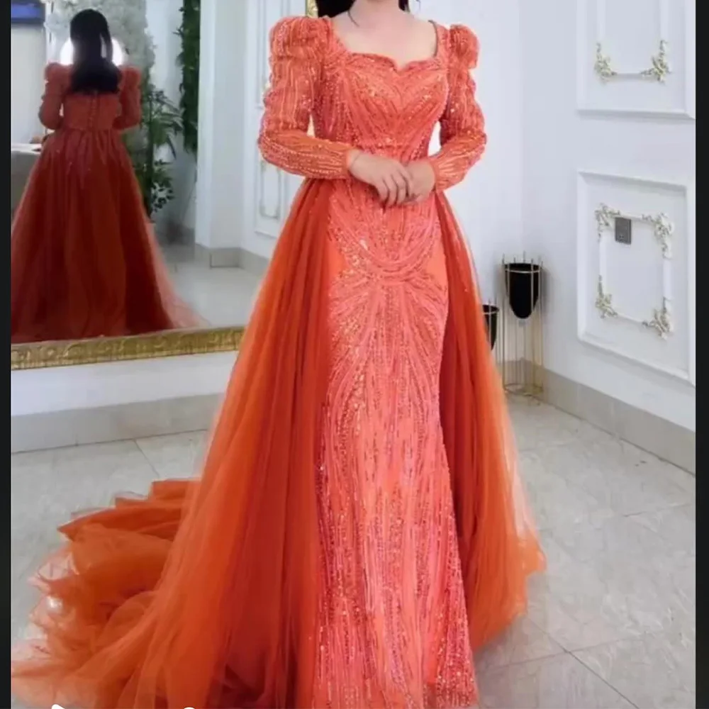 

Customized Elegant Sequined Square Neck Floor Length A-Line Jersey Evening Dress Exquisite Long Sleeves Sweep Train Gowns