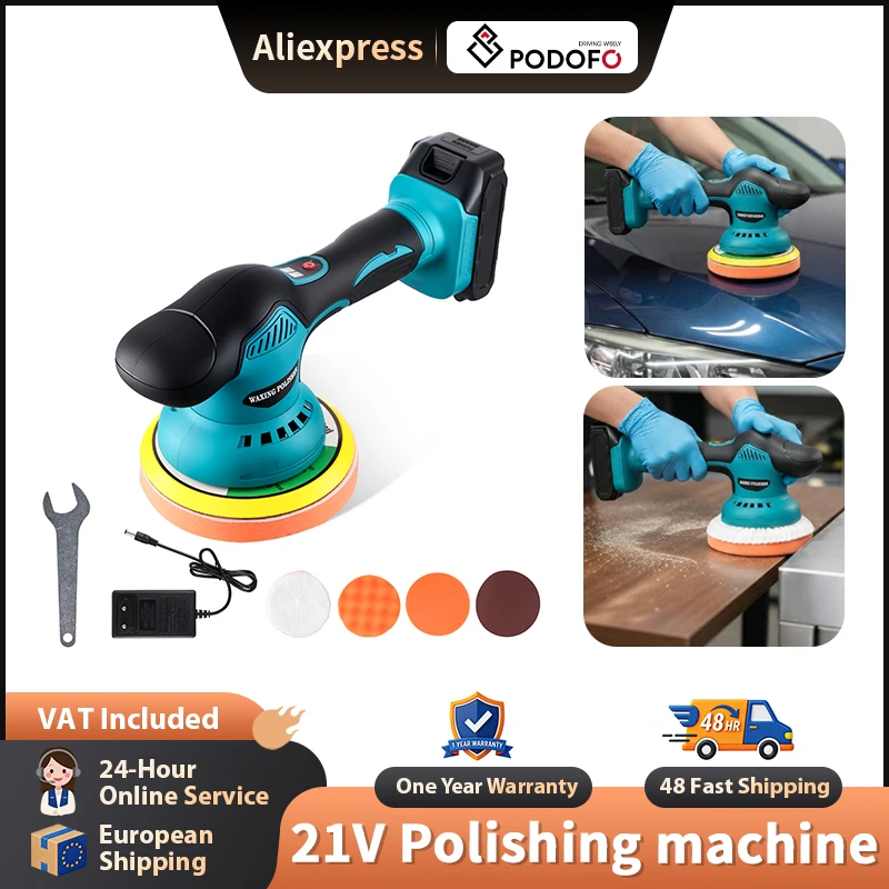 Lucidatrice per auto Podofo 21V, 5800 giri/min, con spina europea, lucidatrice elettrica per piastrelle e auto, con batteria e caricabatterie.