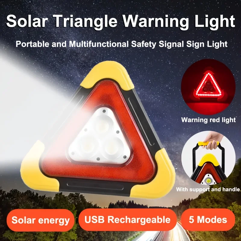 Portable Car Solar-Powered Emergency Warning Light Auto LED Triangle Signal Lamp 5 Modes with Handle Car Roadside Repair Safety
