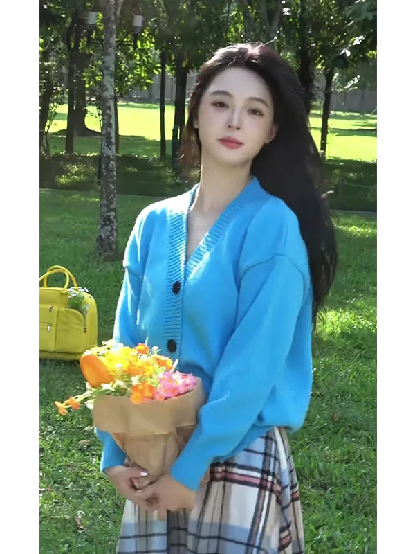 

Blue V-Ne Knitted Open Cardigan Women's Slimming Versatile Top Soft Pure Color Sweater Artistic Blue Spring Autumn Wear