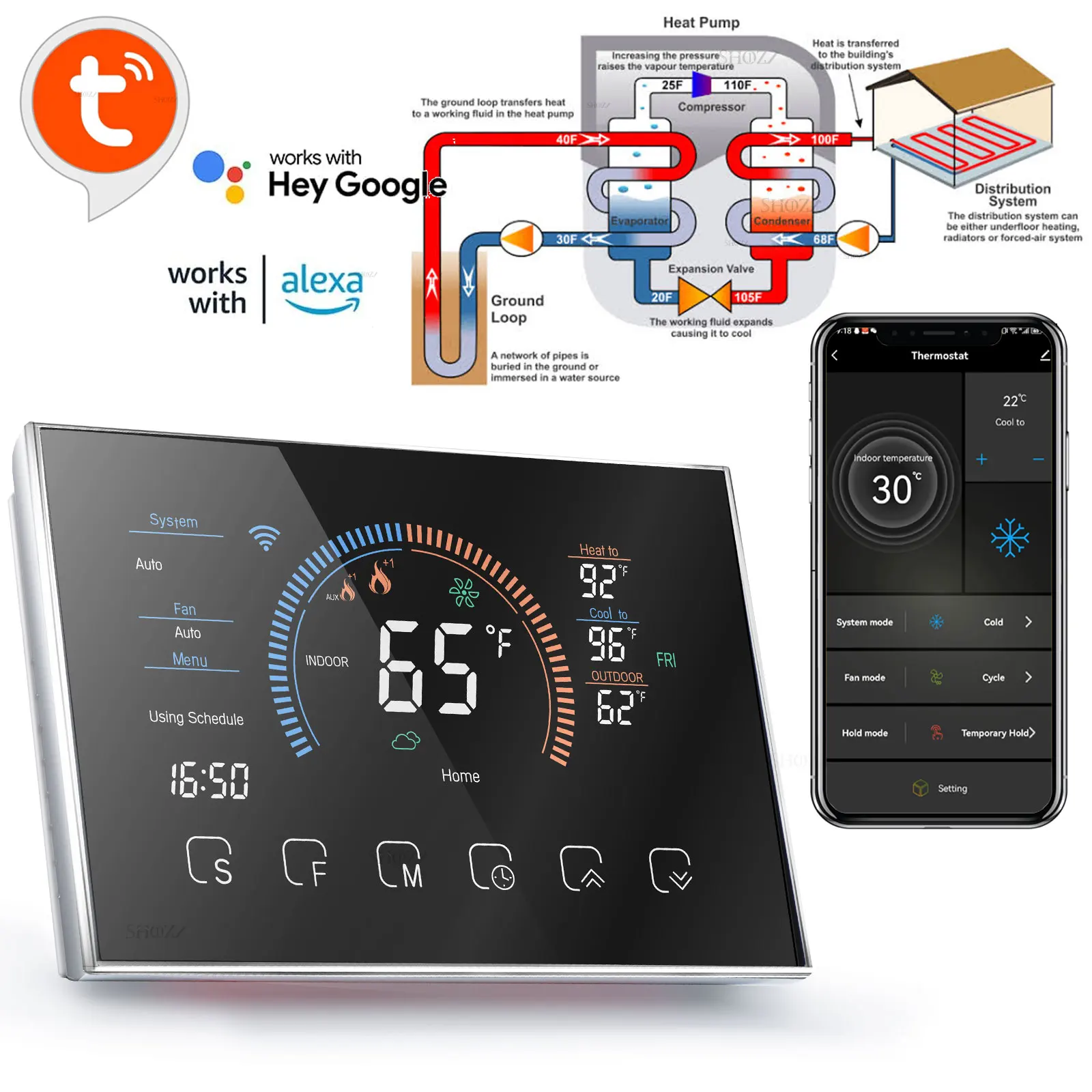 Tuya Fahrenheit Celsius Digital Thermostat Temperature Controlle 24VAC/DC for Most HVAC Systems Compatible Boiler/Air with Alexa