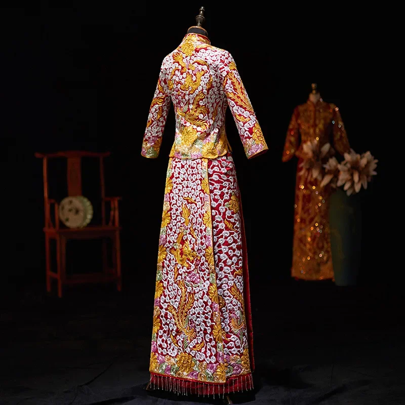 Female Elegant Tassel Cheongsam Dragon Embroidery Chinese Style Gold Wedding Dress Marriage Set Bride Costume Slim Toast Xiuhe