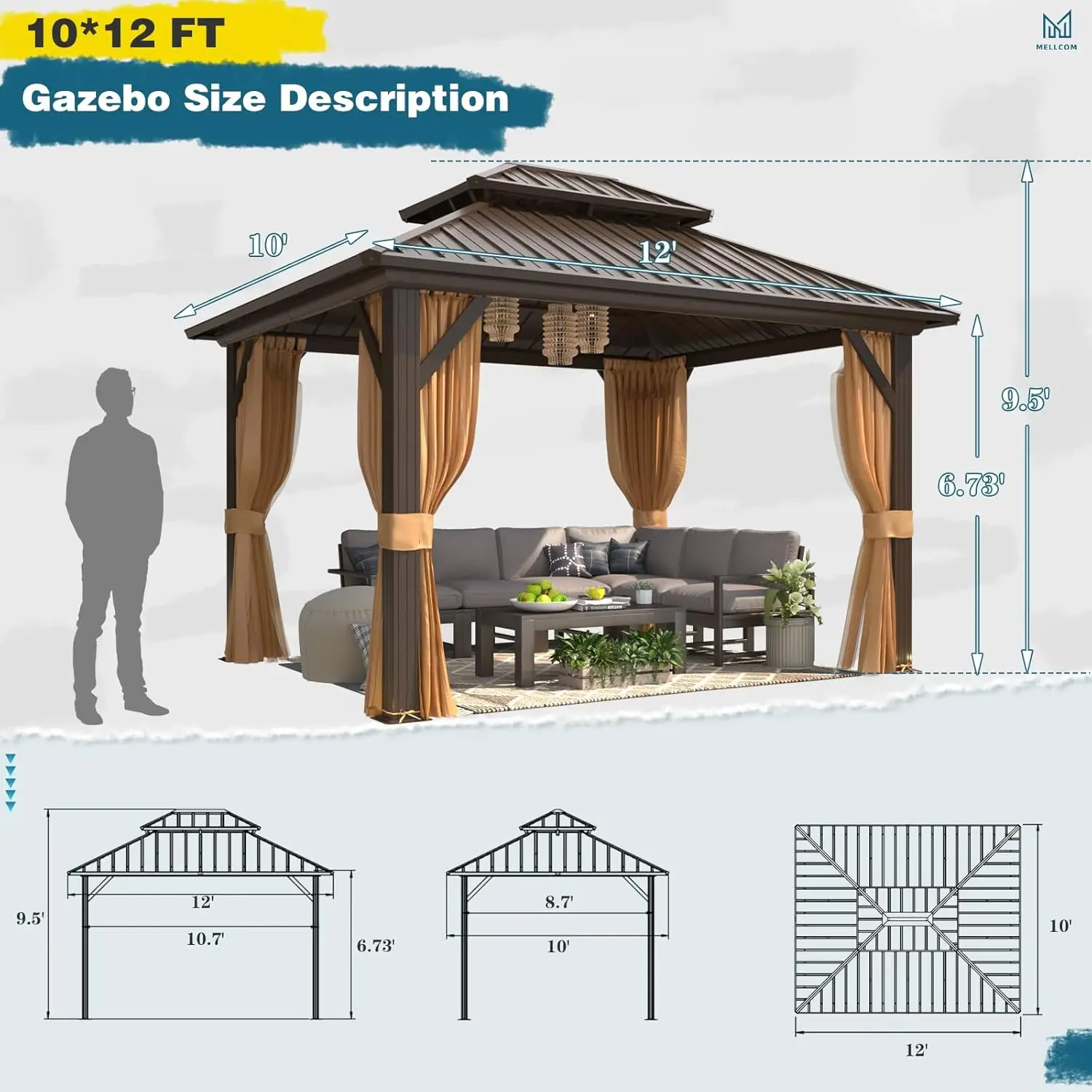 MELLCOM 10'x12' Hardtop Gazebo, Galvanized Steel Metal Double Roof Aluminum Gazebo with Curtain and Netting, Brown Permanent Pav