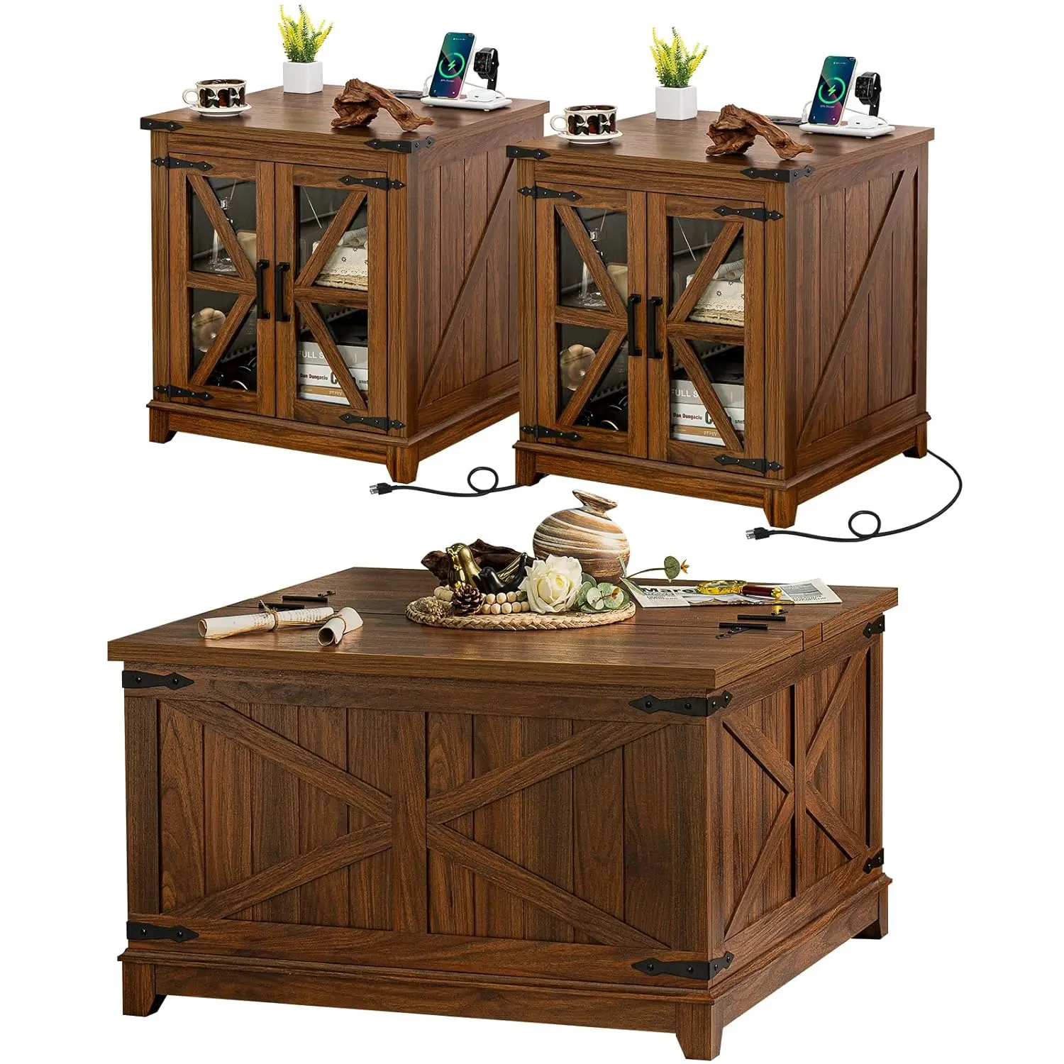 

Комплект кофейных столиков в стиле фермерского дома, 3 предмета, с зарядной станцией и скрытым отсеком для хранения, коричневое дерево, для дома и офиса, на заказ