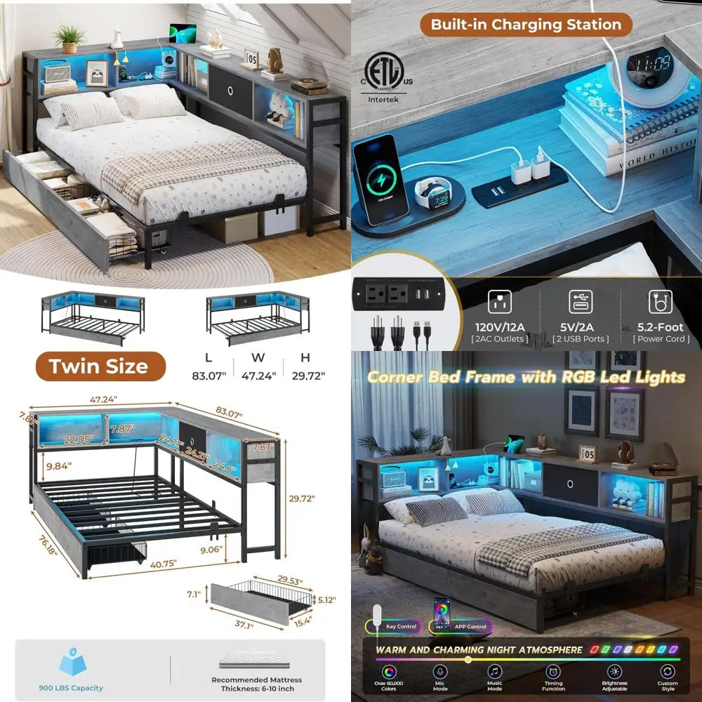 Hot Sales Twin Metal Platform Bed Frame With Bookcase Storage, Led Lights, And Charging Drawers