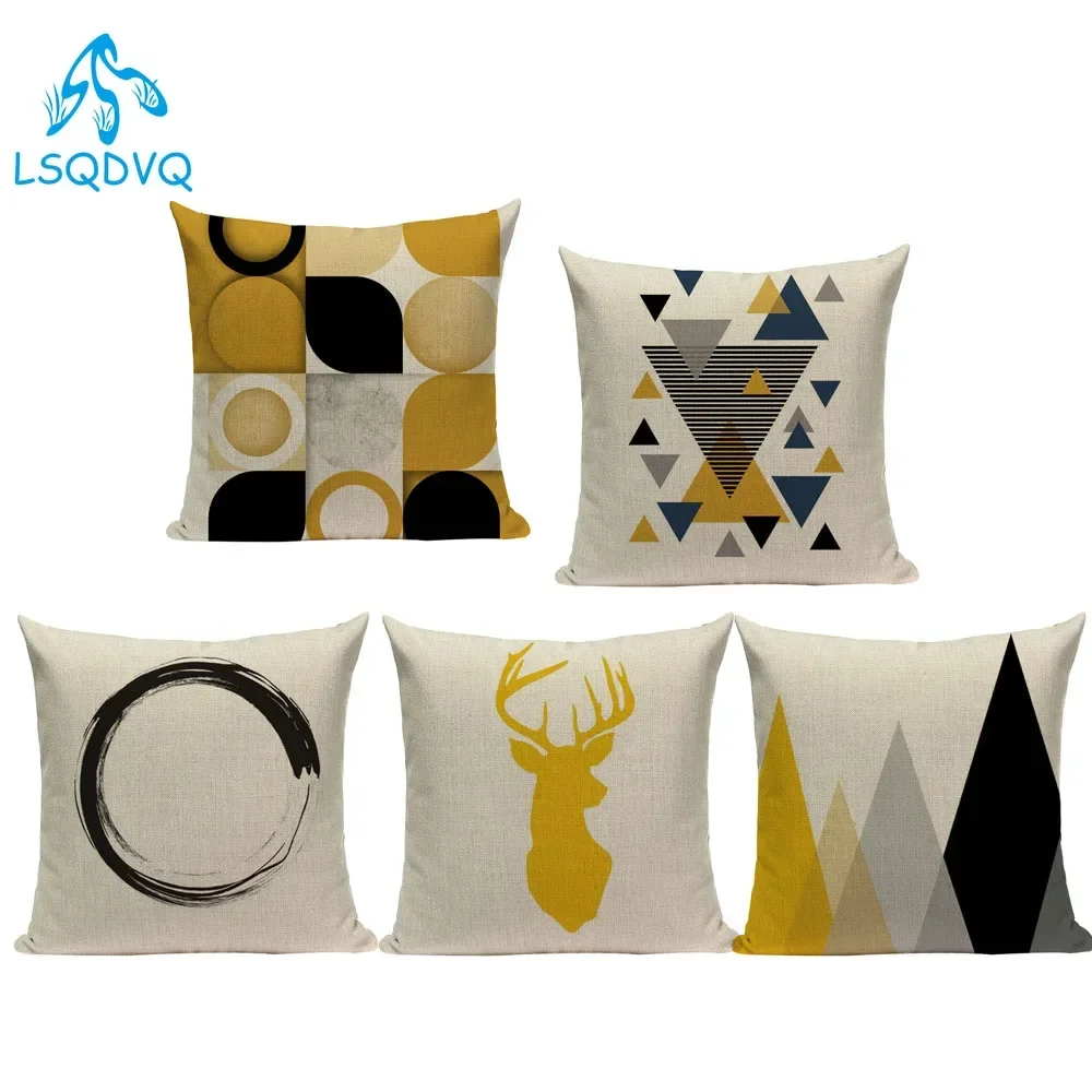 Nordic Style Decorative Throw Pillows Case Yellow Geometric Animals Deer Polyester Cushion Cover for Sofa Home Car