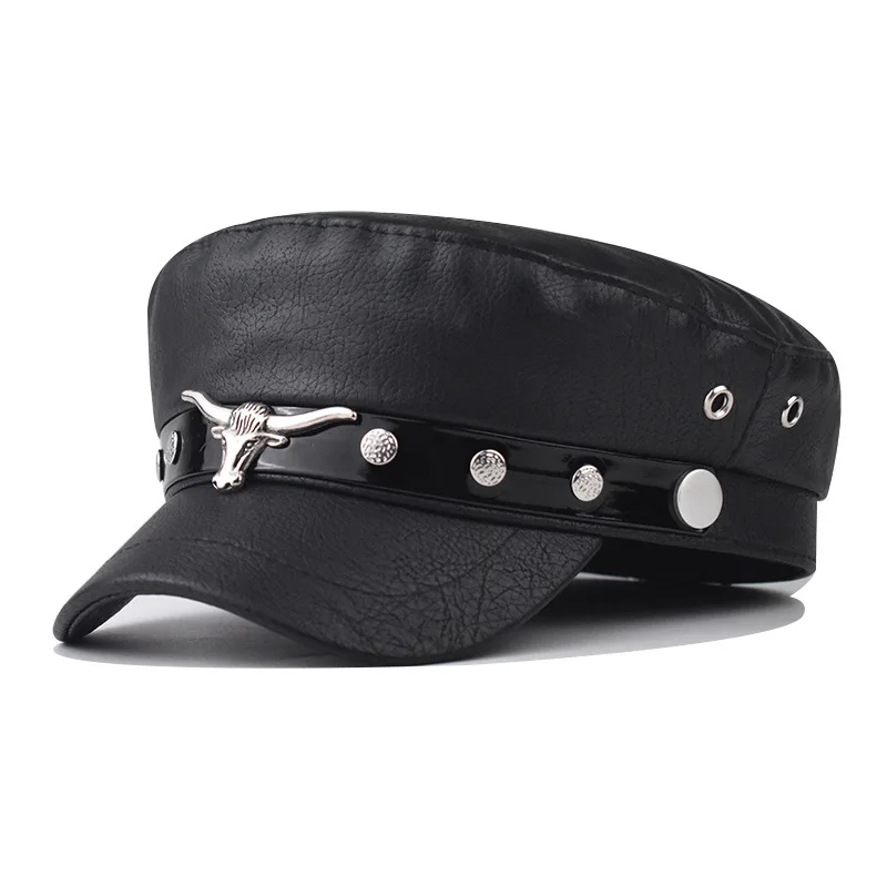 

Newsboy Hats Octagonal Hat Bullhead Spring American Trend Versatile PU Beret Personality British Fashion Military Hat