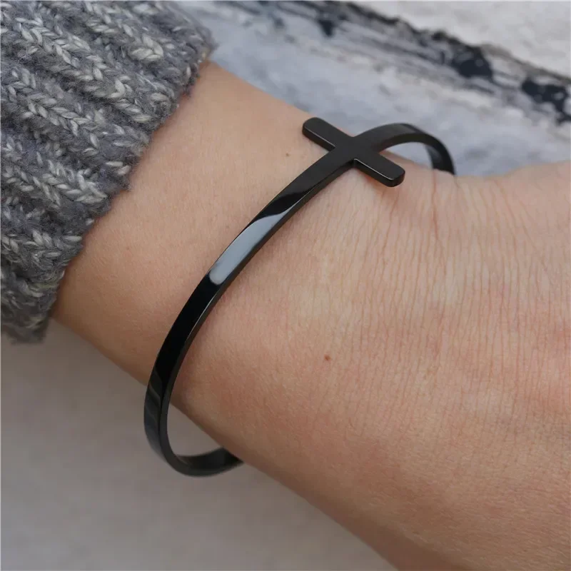 Trendy Silverly Simple Cross Cuff Bracelet Stainless Steel Sideways Open Cuff Bracelets Bangle For Women Men Unisex Jewelry Gift