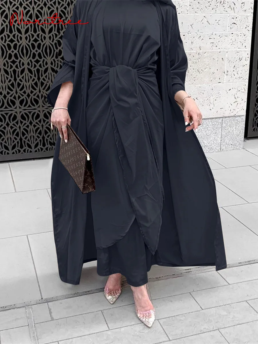 Kaftan Abaya en Satin pour Femme, Ensemble 3 Pièces, Dubaï, Turquie, Islam, Arabe, Musulman, Robe Longue, Kimono, WY687