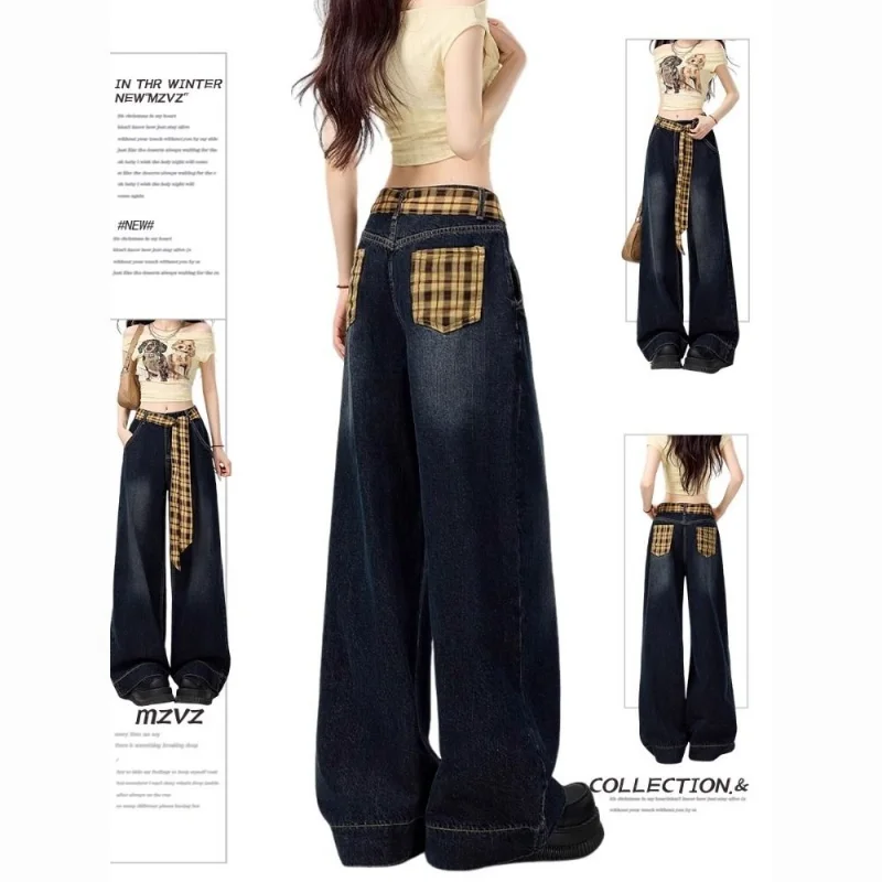Stylish American Vintage Plaid Patchwork Jeans Women Summer Loose Wide Leg Pants