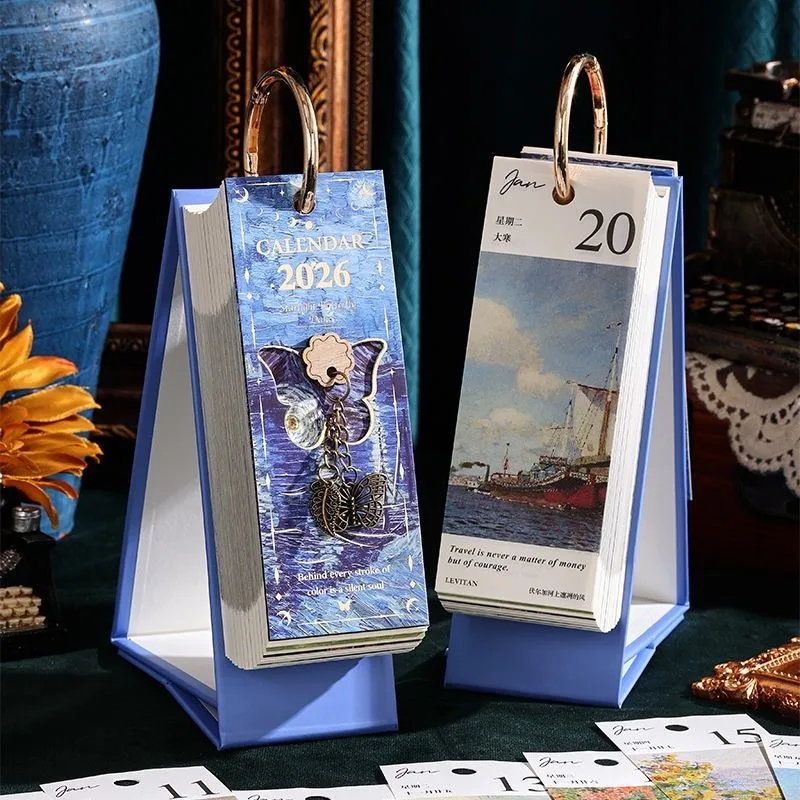 2026 レトロエレガントカレンダーゴールデンバックルデザイン油絵一方向フリップカレンダーオフィスデスク装飾学用品