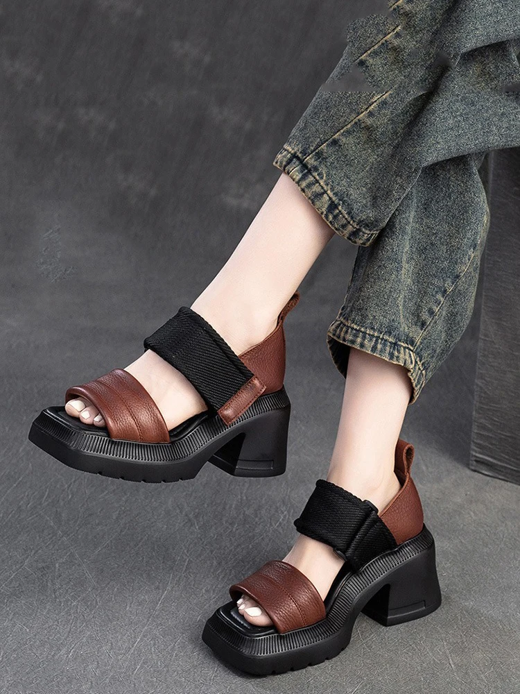 

Birkuir Mixed Colors Thick Heel Sandals For Women Hook Loop Beach Sandals 8.5cm Heels Genuine Leather Luxury Square Toe Sandals