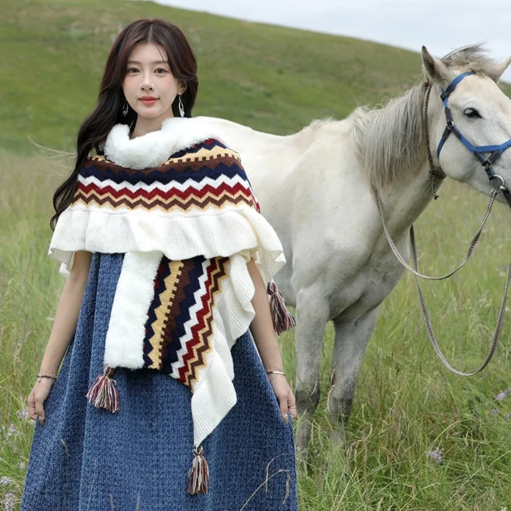 

Trendy Winter Warm Mongolian Poncho Ethnic Style Striped Cardigan Tassel Shawl Flounce Coat Overlays Women Fashion