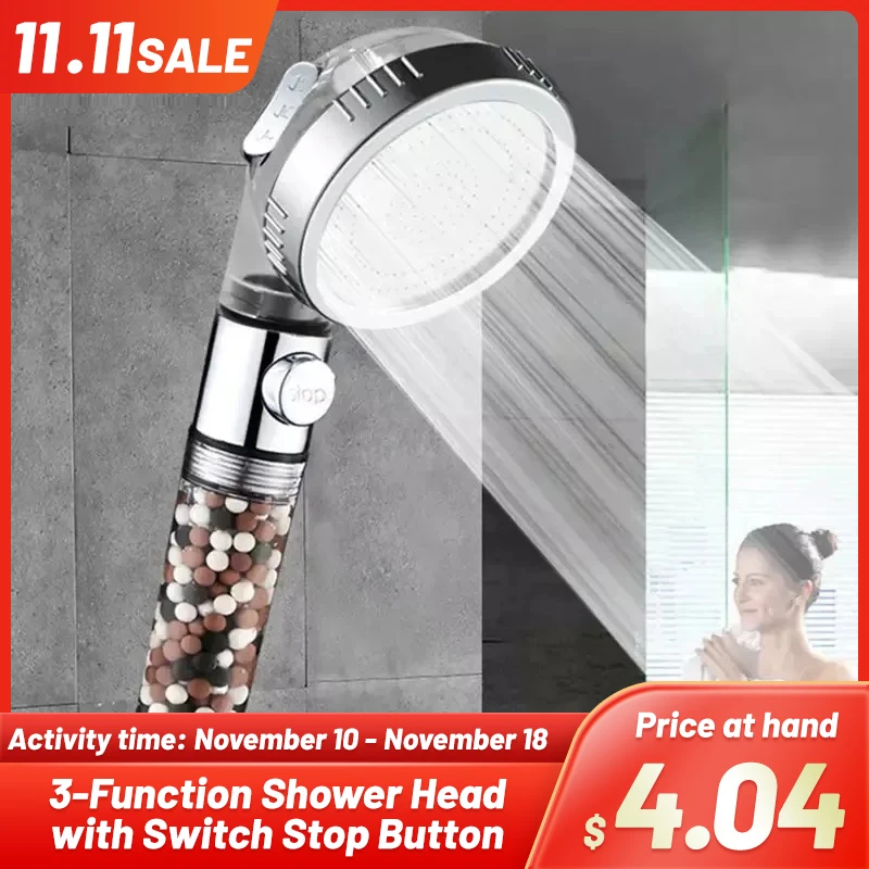 ZhangJi Bathroom 3-Function SPA Shower Head with Switch Stop Button High Pressure Anion Filter Bath Head Water Saving Shower