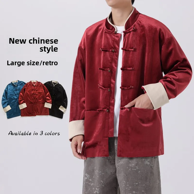 

Velvet Tang Suit Jaet Men's Loose Fit Double-Sided Wear Stand Collar Chinese Sle Outerwear Long Sve Autumn Coat