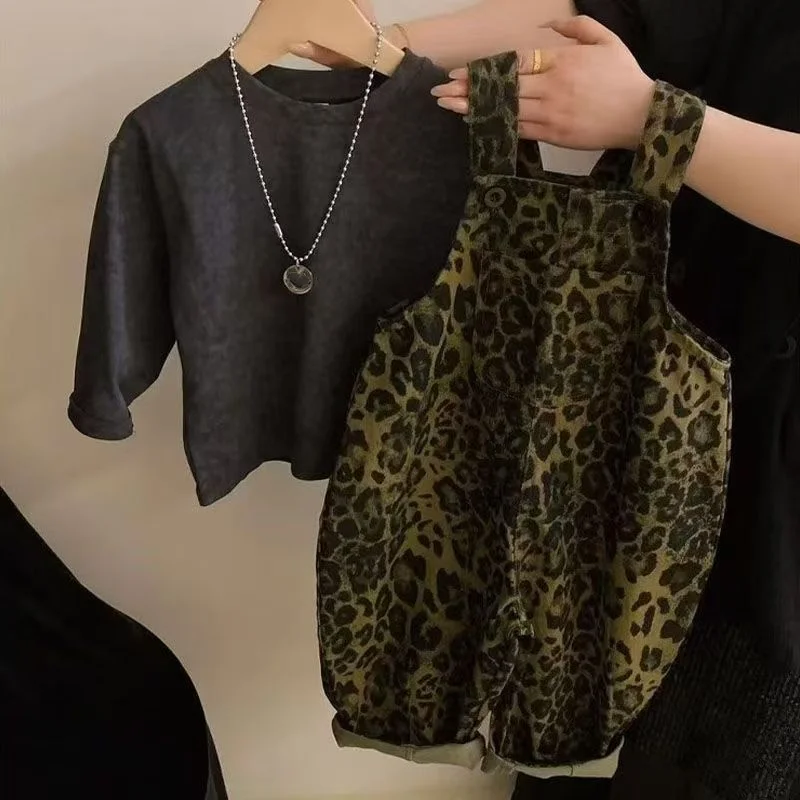 

Boy Girl Children's Autumn Grey Bottom Shirt Strap Pants Set New Fashion Leopard Pattern Strap Pants Kids Jumpsuit Pants 1-7Y
