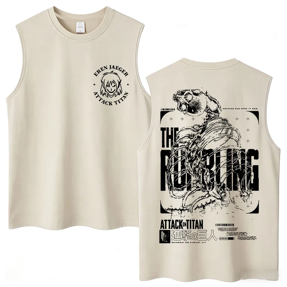 Japan Anime Attack on Titan Washed Tank Tops Vintage Eren Jaeger Harajuku Manga Sleeveless T-shirts Men Women Loose Cotton Vests