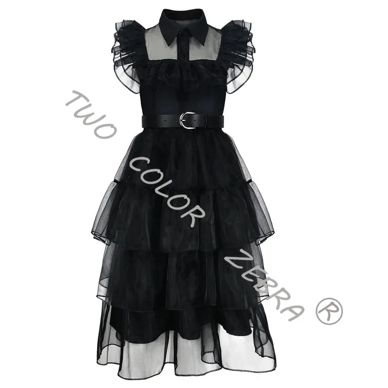 Disfraz de cosplay de Merlina Addams para Halloween, vestido gótico de tul con capas y cinturón, para niña.