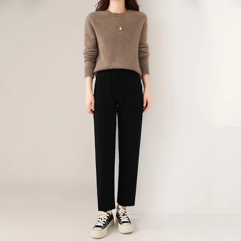 Women's new autumn and winter 100% pure cashmere pants, high-waisted with pockets, thick wool pants with sesame dot classic pant