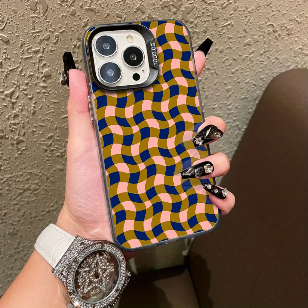 

Water ripple check print pattern phone case for iPhone 16 15 14 13 12 11 Pro/ Max/Plus shock-proof rear cover anti-fingerprint