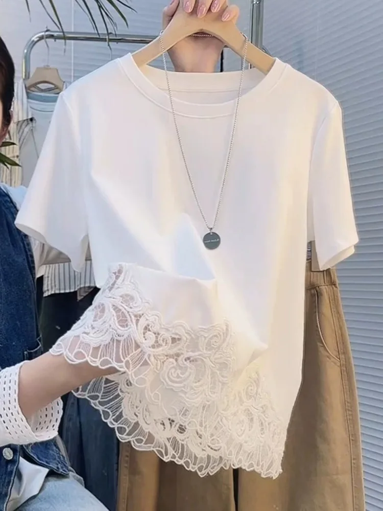 

Korean Style Casual Loose Short Sleeve T-Shirt Women's Summer Lace Trim Splicing Design Sense Top Comfortable Breathable