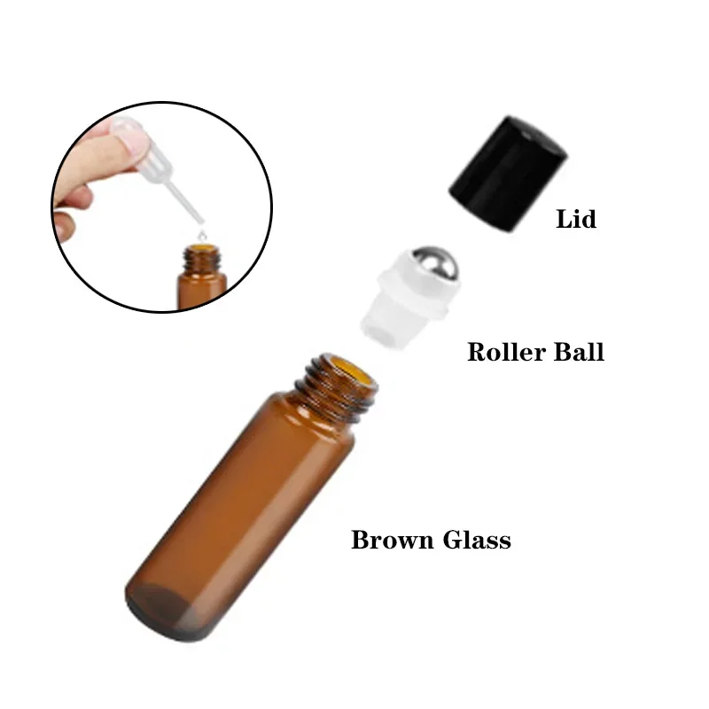5 unidades/pacote 1ml 2ml 3ml 5ml 10ml garrafas de vidro colorido rolo amostra teste frascos de óleo essencial com rolo bola de metal