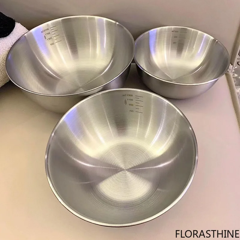 Thickened Stainless Steel Salad Bowl Ramen Bowl Cooking Bowl Style Korean with Scale Salad Egg Beating and Dough Multi