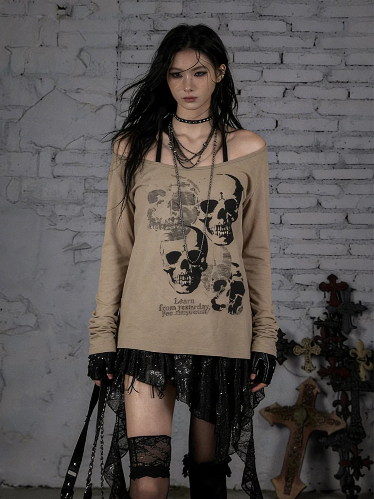 Retro และ Modern Subculture Gothic เสื้อ Harajuku แขนยาวเสื้อยืดผู้หญิง Y2K เสื้อผ้าเสื้อ Punk Emo Top Street
