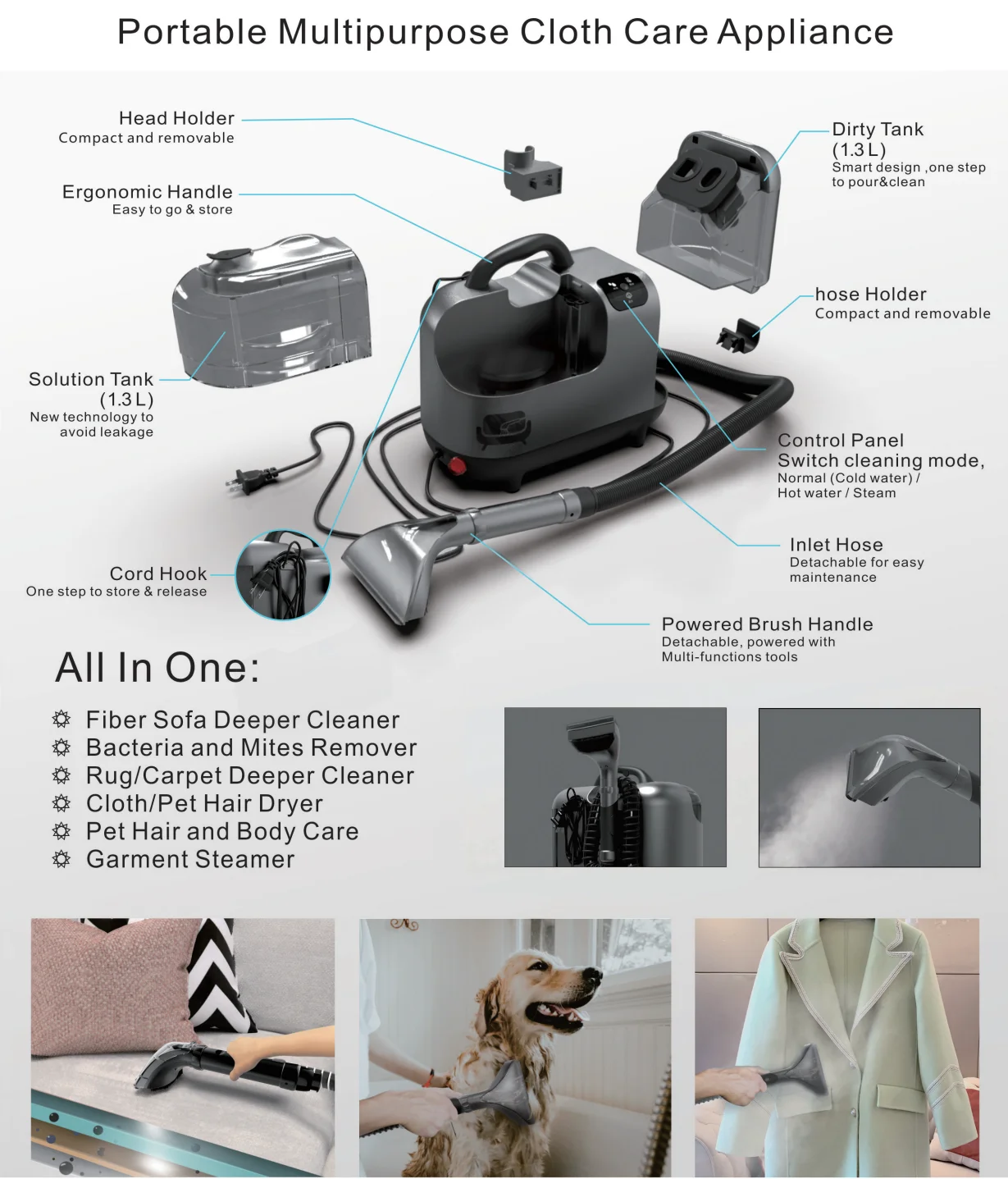 Battery-Powered Electric Handheld Fabric Sofa Pet Hair Carpet Cleaning Machine Big Capacity Wet Dry Water Filter Hotel Use