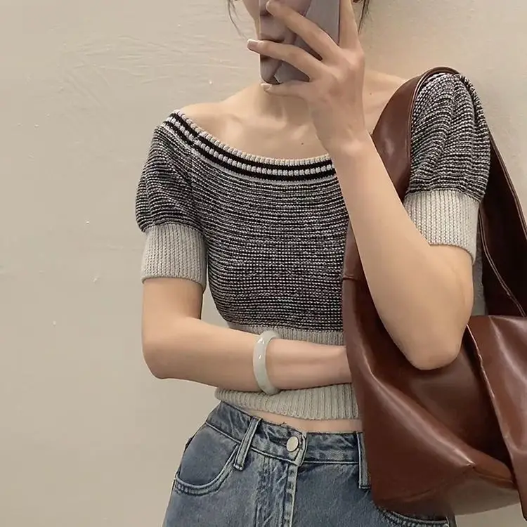 

One-Shoulder Bubble Sleeve Sweater Summer Knitting T-Shirts Women Sexy Solid All-Match Crop Tops Slash Neck Ladies Korean Style