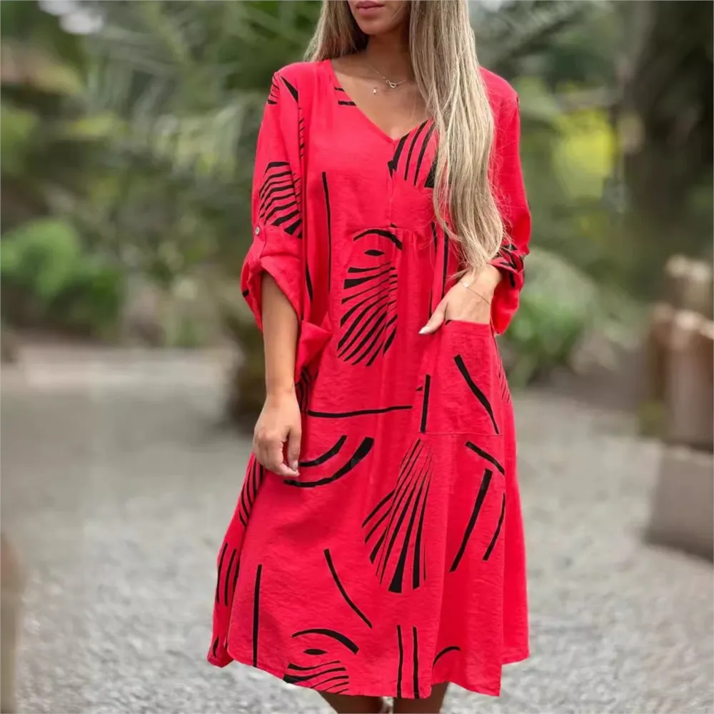 

Loose Pocket Patchwork Knee Length Dress 2024 Autumn Women's Fashionable And Casual High Waisted Printed Long Sleeved Dress