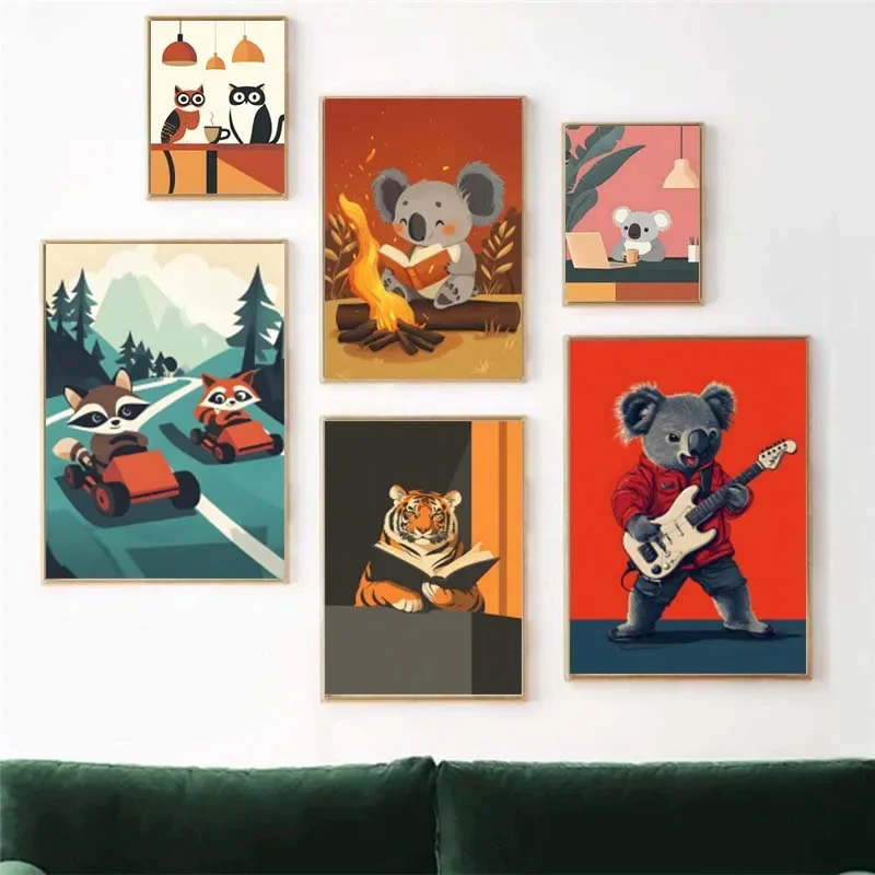 Funny Animals Reading Driving Poster Cute Squirrel Koala Dog Cat Drinking Coffee Canvas Painting Wall Art Room Home Decor
