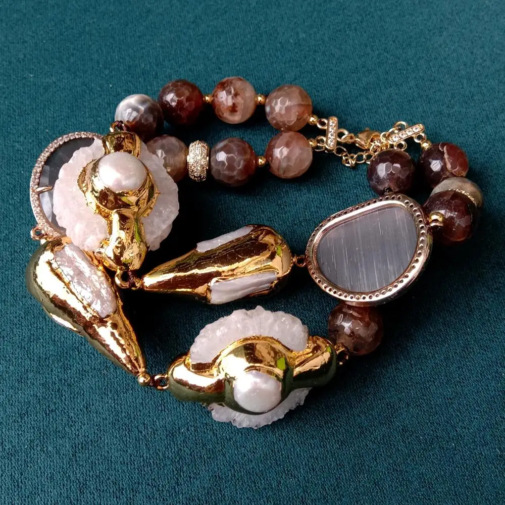 

Y·YING 2 Strands Brown Agate White Biwa Pearl Cat Eye Quartz Druzy Slice Beaded Bracelet Fashion Jewelry