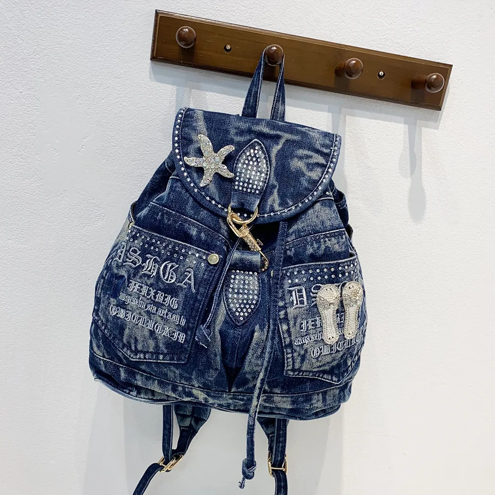 Brand Designer New Fashionable Water-washed Denim Backpack With Diamond Multifunctional Embroidery Travelbag Backpack For Girls