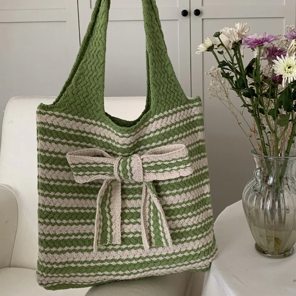 أنيقة القوس مخطط الكروشيه حمل حقيبة اليدوية سعة كبيرة المنسوجة حقيبة كتف متعدد الألوان عادية اليد محبوك حقيبة السيدات/الفتيات