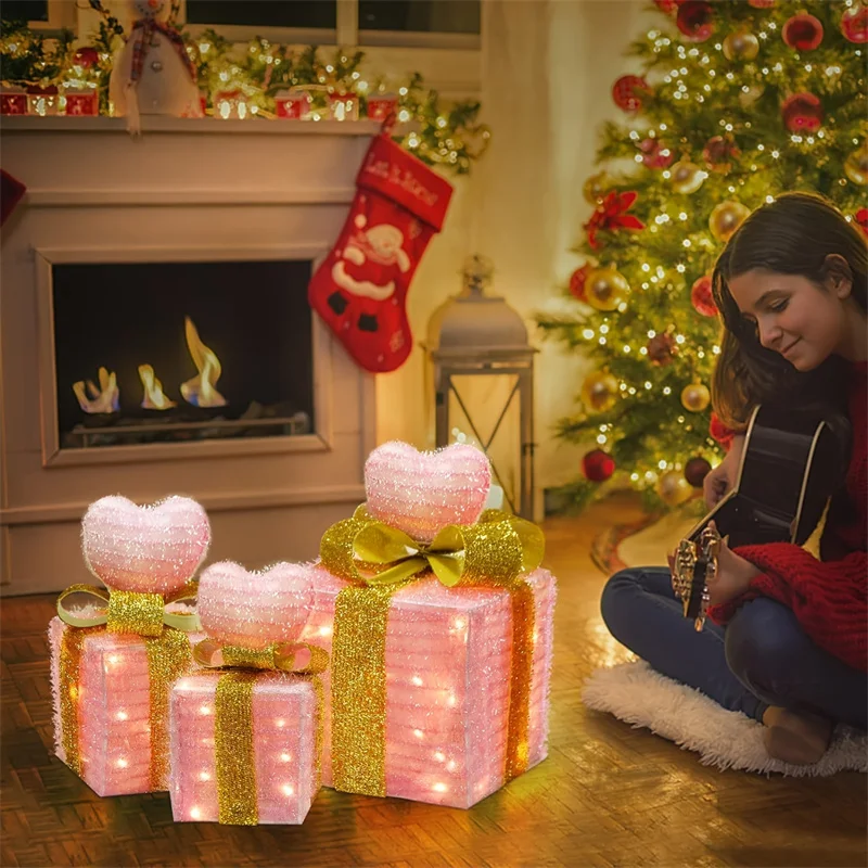 3Pcs/Set PVC Christmas Gift Box Set Luminous Folding Christmas Lighting Box with Bow Ribbon Christmas Glowing Decoration Outdoor