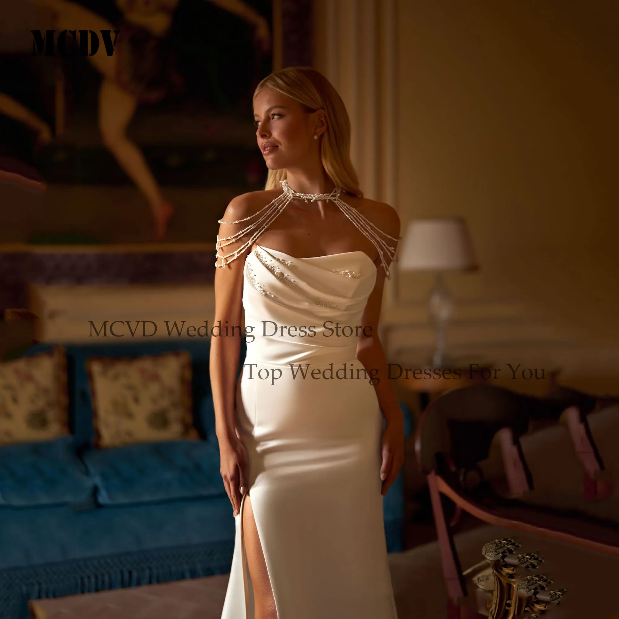 신부를위한 MCDV 웨딩 드레스 럭셔리 Strapless 인어 민소매 구슬 신부 드레스 현대 새틴 vestidos de novia 맞춤형