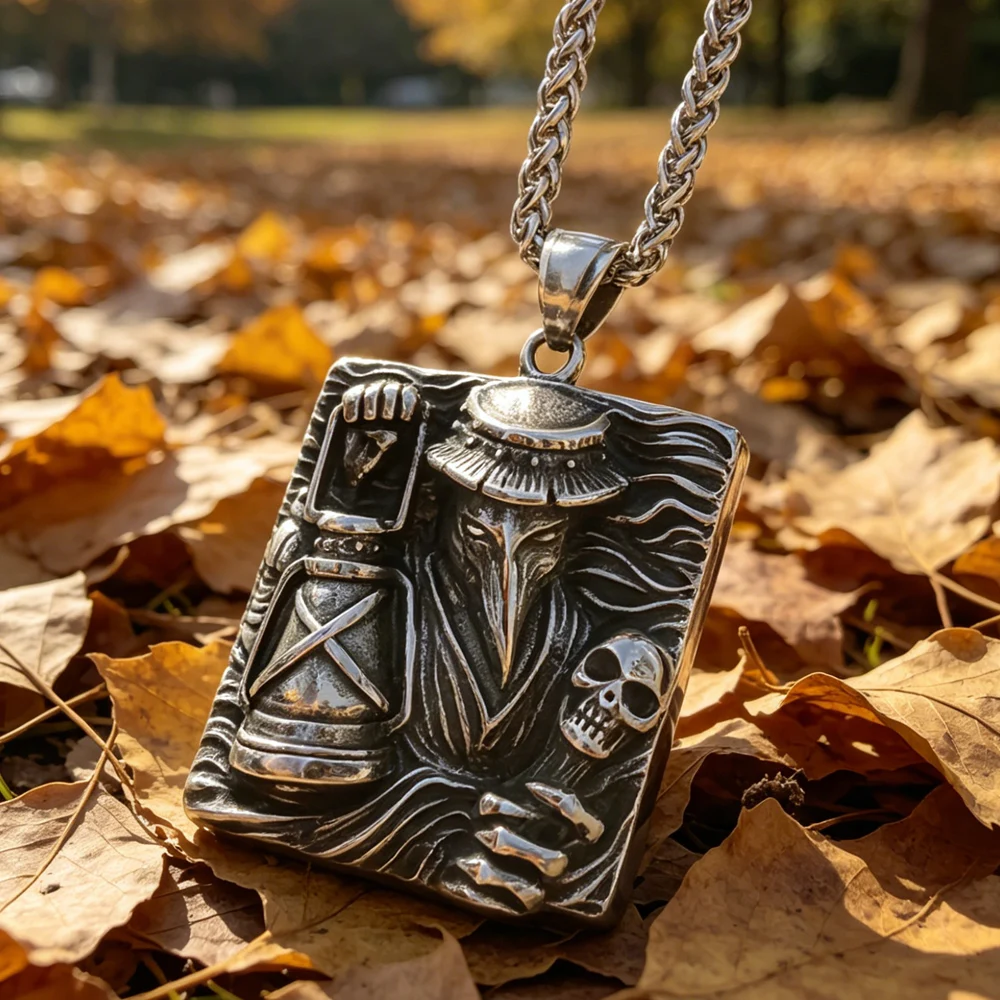 Grim Reaper Plague Doctor Geometric Square Skull Pendant Chain Necklace Stainless Steel for Men Raven Bird Jewelry Dropshipping
