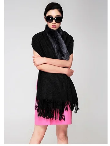 100% Wool Autumn Winter Ladies Real Fox Fur Trim Shawl Solid Black  Gray Color Collar Scarf Shawl