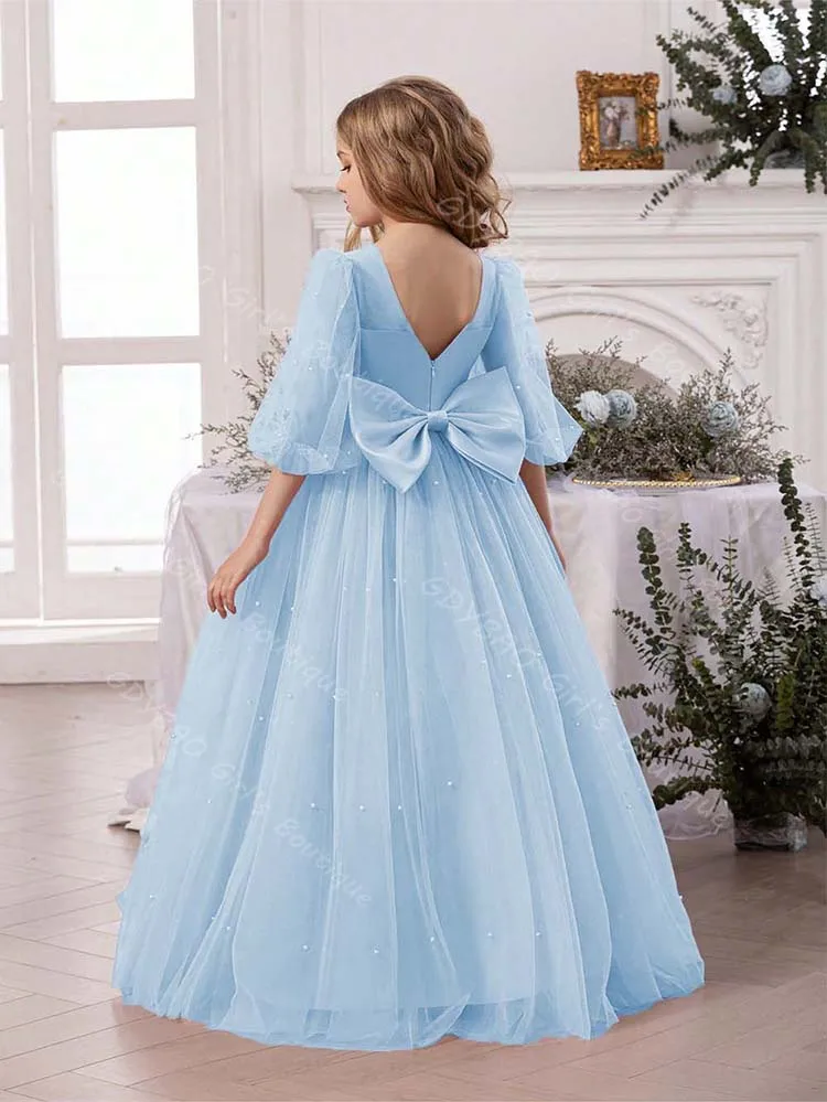 فستان فتاة الزهور الوردي المغبر لحفلات الزفاف مطرز تول مزدوج الخامس الرقبة بالون كم مخصص للأطفال فستان الأميرة المسابقة