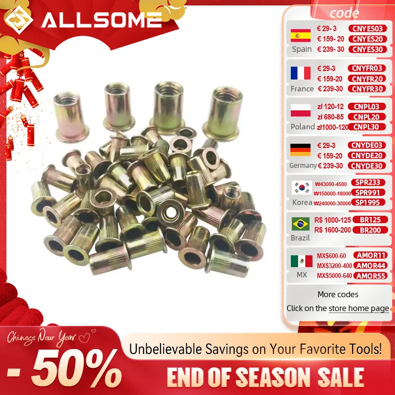 ALLSOME 300pcs M3 M4 M5 M6 M8 M10 Head Rivet Nuts Set Nuts Insert Reveting Multi Size Rivet Nuts Collocation with BOX HT2599