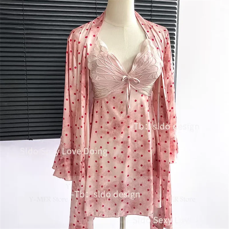 Print Dot Robe Mini Sleepwear Short Vestidos De Novia Satin Sleepwear Seyx Lace Trim Lingerie Kimono Gown Backless Chemise Dress