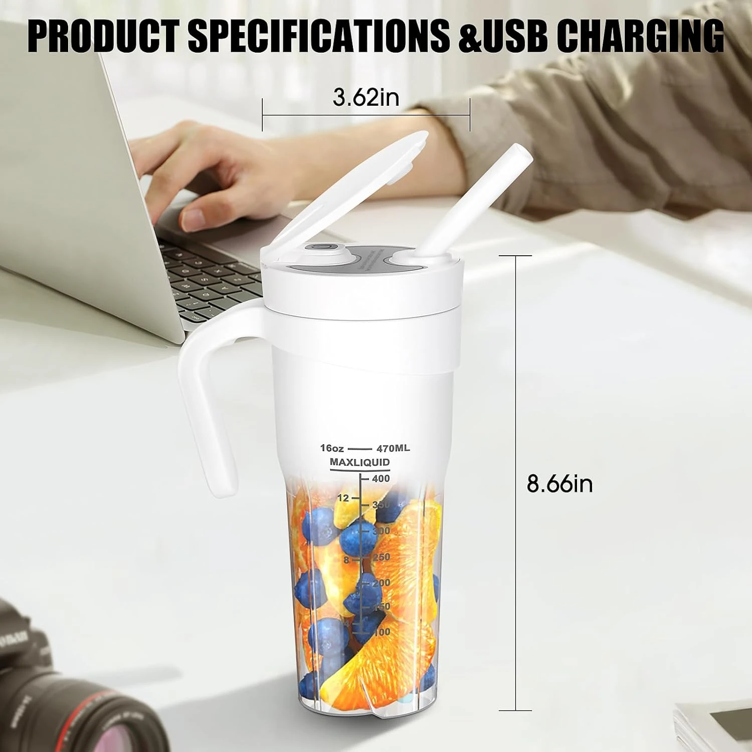 

Compact Portable Black Smoothie Maker Blender with 6 Detachable Blades, USB Rechargeable Personal Size 16 Oz Juicer for On-the-G