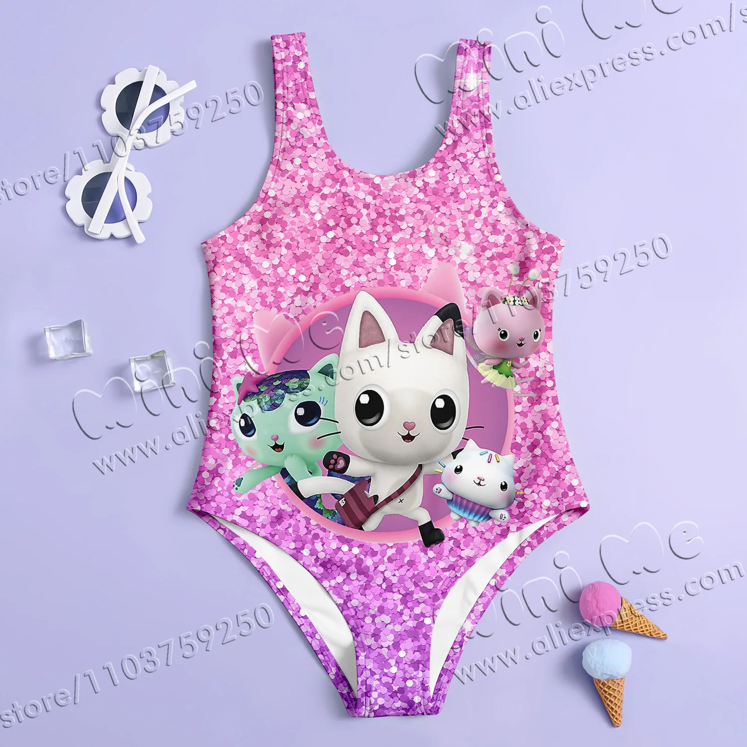 MINISO Girl Summer One-Piece Swimsuit Fashion Cartoon Gabby Dollhouse sequin Series Print Women Swimwear Sleeveless Clothing