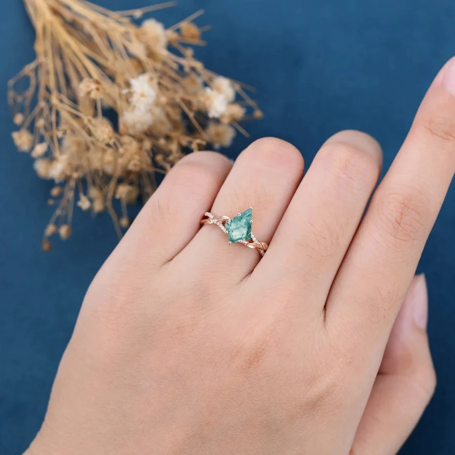 Dainty Kite Shape Natural Stone Green Moss Grass Agate Ring 925 Sterling Silver Half Eternity Rings For Women Wedding Gifts