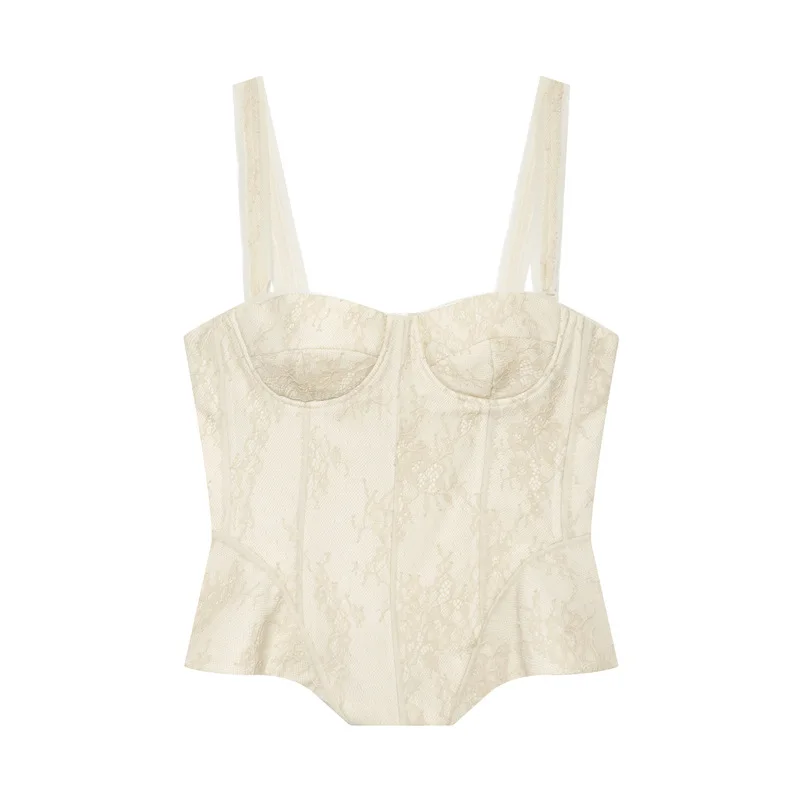 Dave&di European And American Style Fish Bone Lace Tight Camisole Top T-shirt Woman Clothes Female Clothing