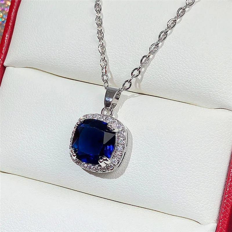 4pcs Creative Women Imitation Sapphire Jewelry Set Crystal Cute Square Retro Necklace Earring Ring for Women Wedding Jewelry