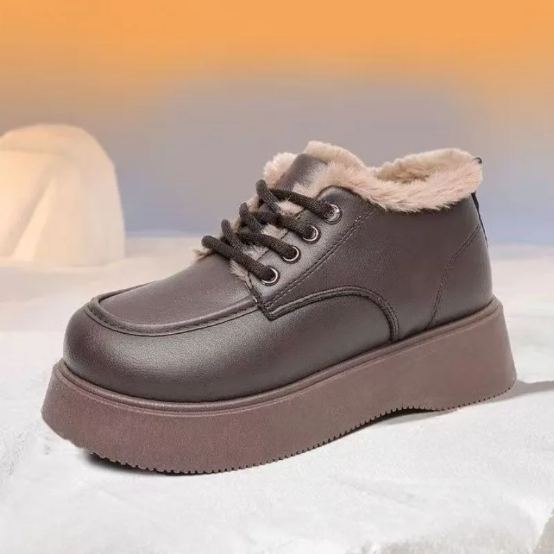 Women's Cotton Shoes 2026 Winter New Vintage Cross Tied Platform Cotton Boots Outdoor Versatile Non Slip  Plush Warm Woman Shoes